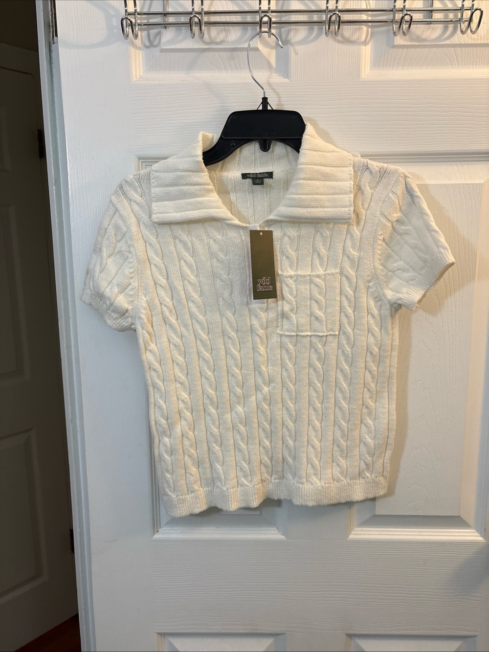 wild fable Cream Cable-Knit Short Sleeve Sweater with Fold Collar